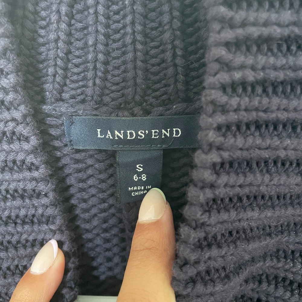 Lands End Navy Blue Chunky Knit Mock Neck Button Front Cardigan Sweater Womens S - Picture 2 of 7